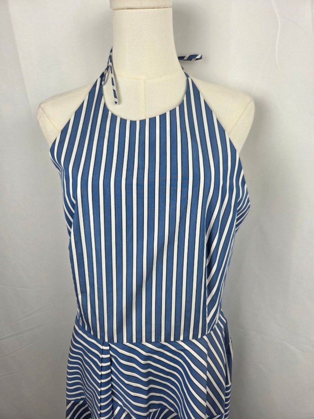 Lafayette 148 New York Blue White Striped Cotton Halter Dress Sz 8 Midi Pleated - Picture 5 of 15